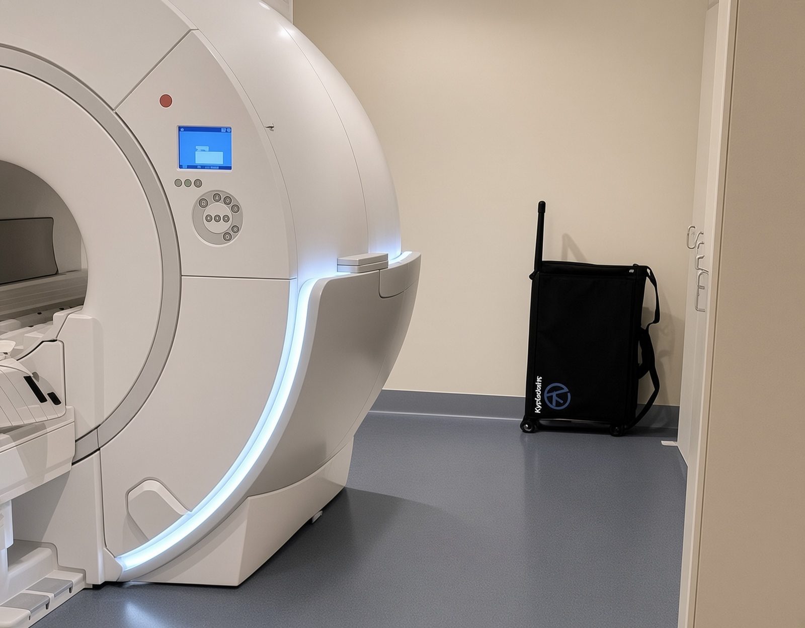 KyphoLift carrying case stored beside an MRI scanner, outside the bore